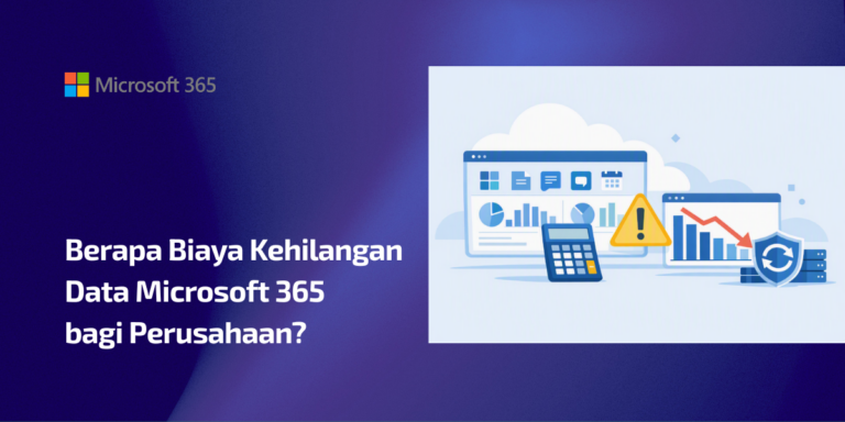 Ilustrasi biaya kehilangan data Microsoft 365 dengan cloud data, kalkulator, grafik kerugian, dan simbol backup untuk bisnis